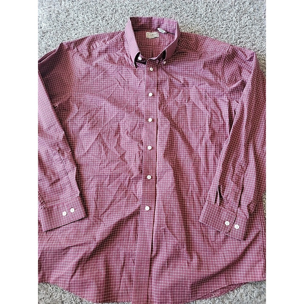 L.L. Bean Mens Size XL Red Maroon Blue Plaid Button Down Shirt